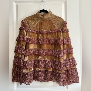 POL BOHO Mock Neck Caramel & Red Floral Print Lace Velvet Ruffle Top Size Medium